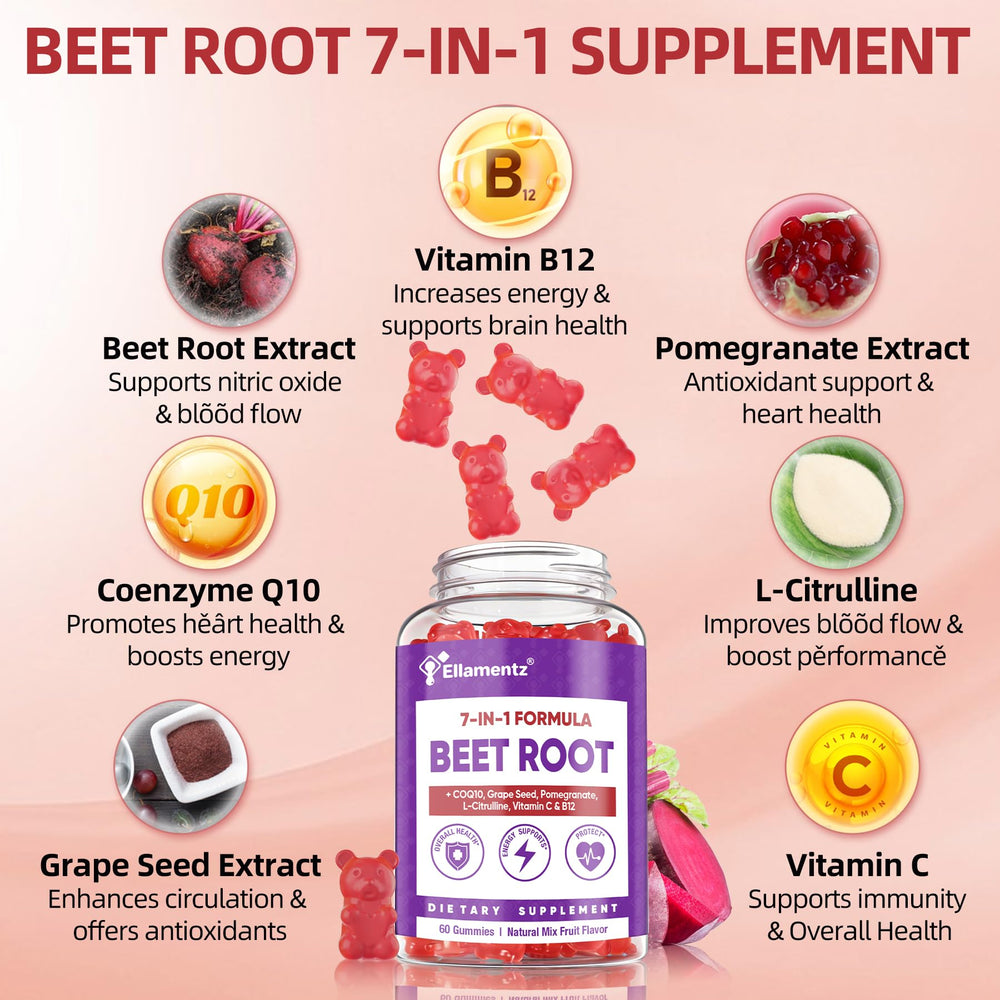 ELLAMENTZ Beet Root Gummies packaging box emphasizes vegan and allergen-friendly qualities.