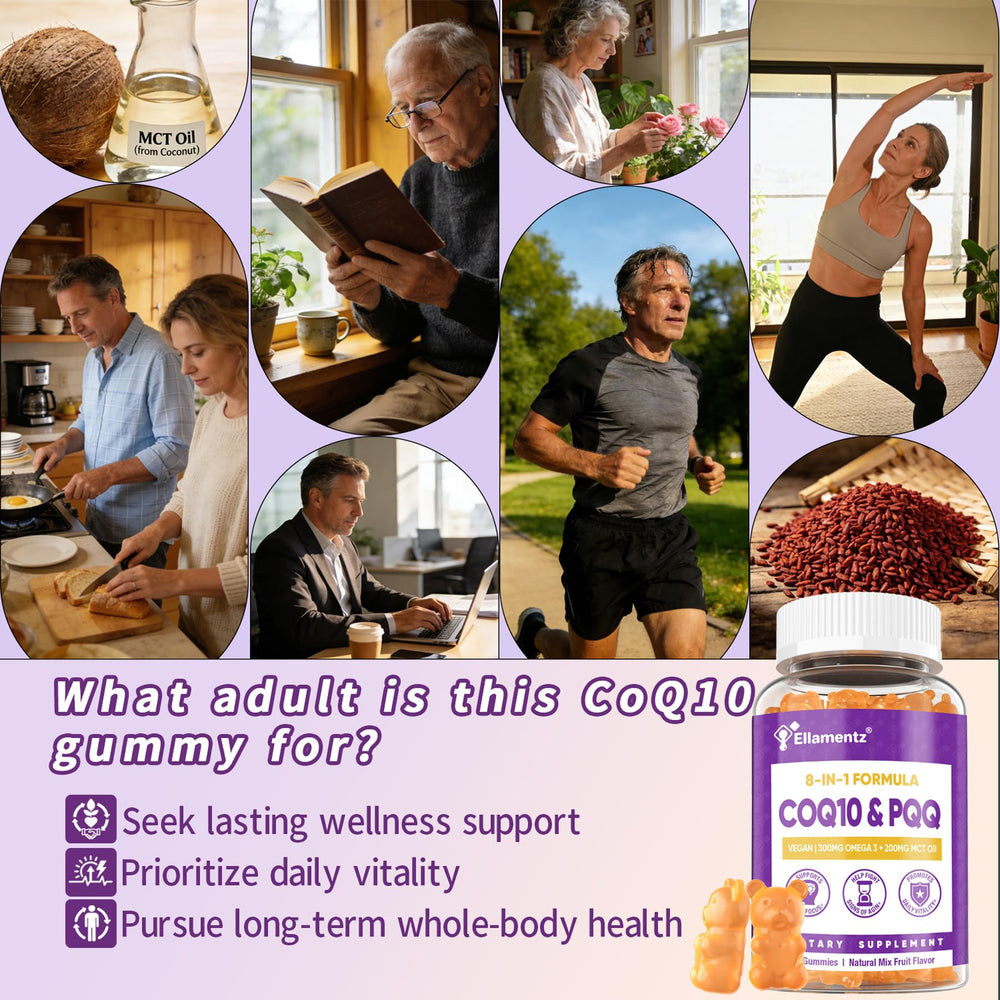 ELLAMENTZ CoQ10 Gummies bottle front with PQQ and Omega-3 icons.