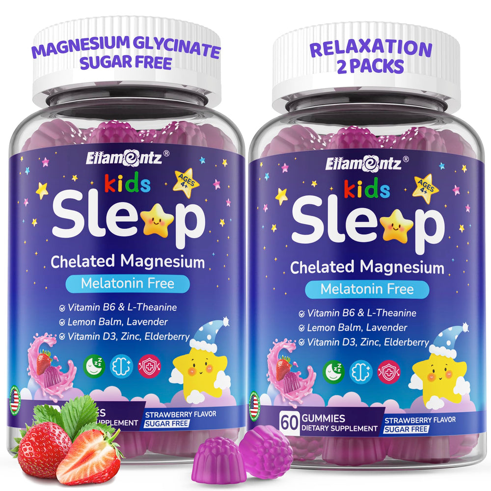 ELLAMENTZ Kids Sleep Gummies bottle front showing melatonin-free formula for gentle bedtime