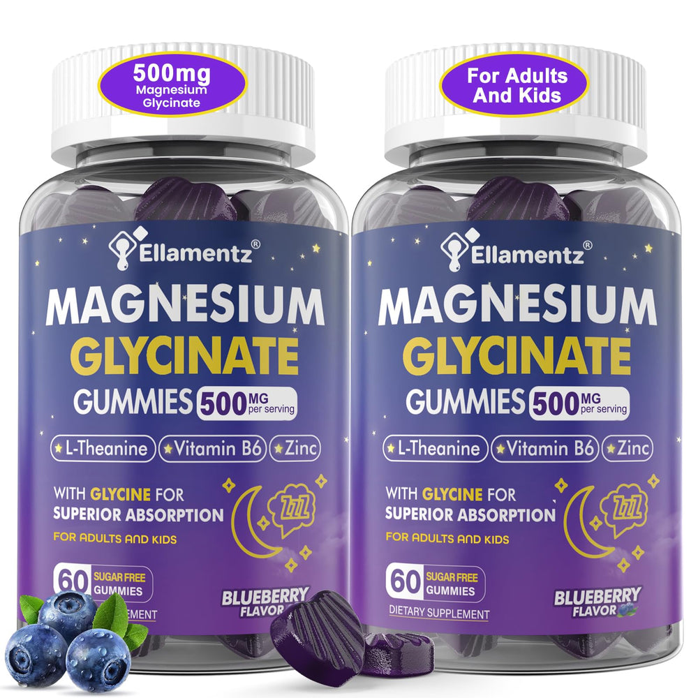 ELLAMENTZ Magnesium Glycinate Gummies blueberry bottle promoting calm and sleep.