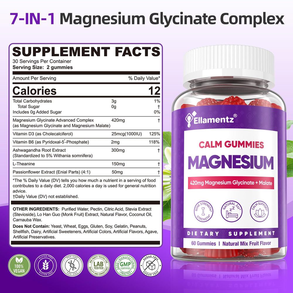 ELLAMENTZ Magnesium Glycinate Gummies bottle-back label highlights malate, Ashwagandha, D3 and B6