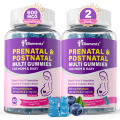 ELLAMENTZ prenatal gummies bottle overview showing comprehensive nutrition for mom and baby support.