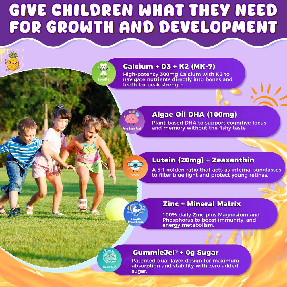 ELLAMENTZ Sugar-Free Kids Calcium Gummies with DHA algae highlight brain-supporting nutrients
