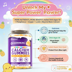 ELLAMENTZ Sugar-Free Kids Calcium Gummies serving pile illustrates a kid-friendly daily wellness routine