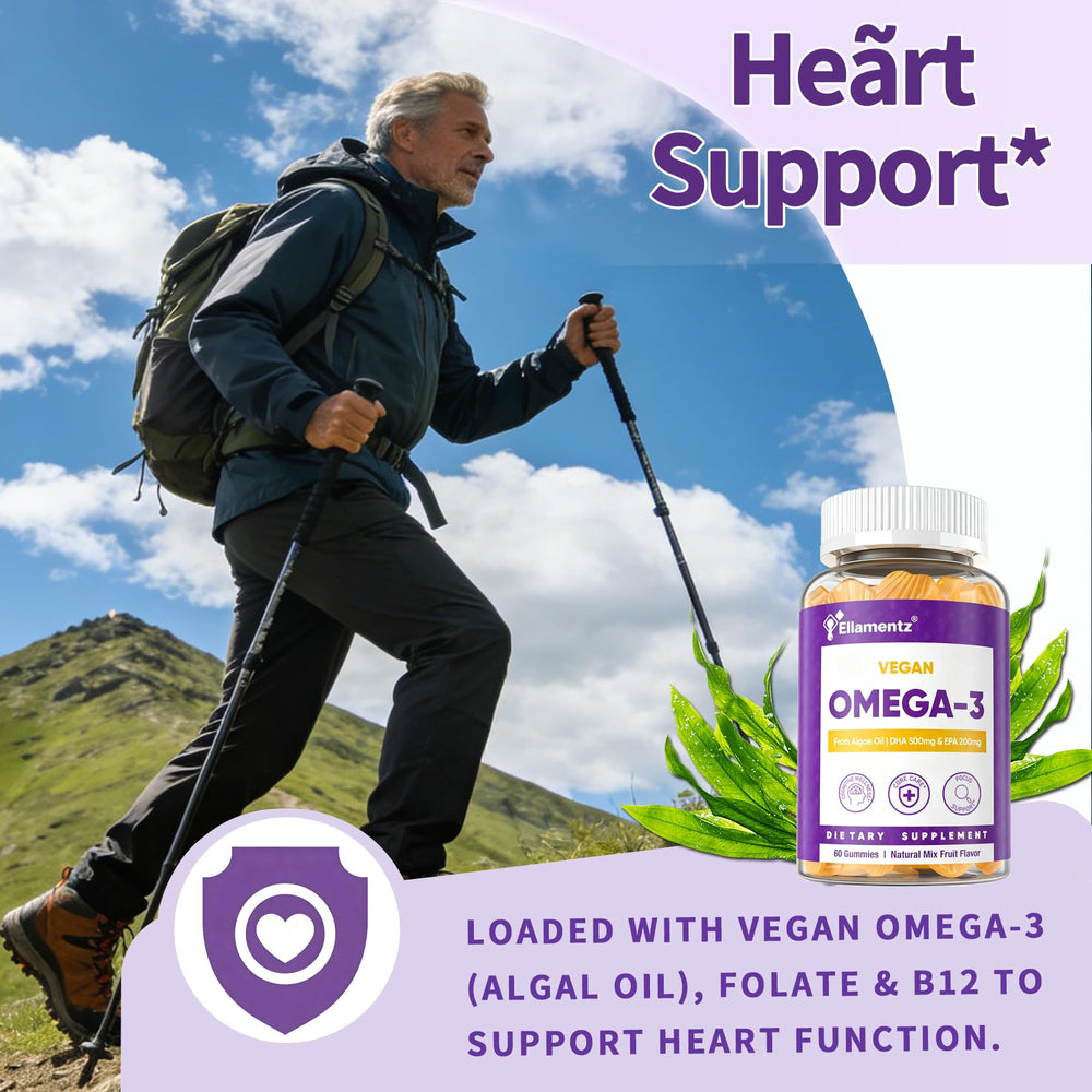 ELLAMENTZ Vegan Omega 3 Gummies algal-oil visual illustrating plant-based omega-3 source.