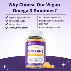 ELLAMENTZ Vegan Omega 3 Gummies sugar-free seal emphasizing monk fruit and stevia.