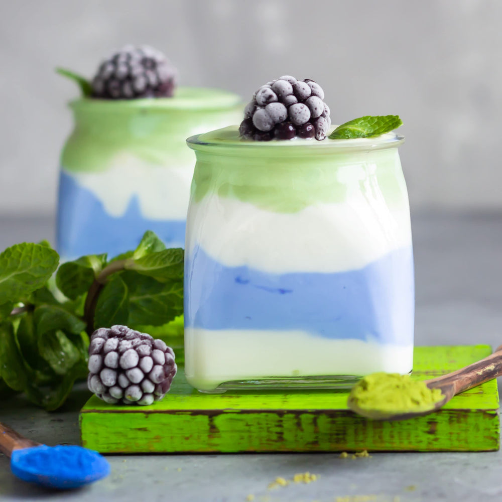 Ellie's Best blue spirulina mixes with protein powder for nutritious blue shakes.