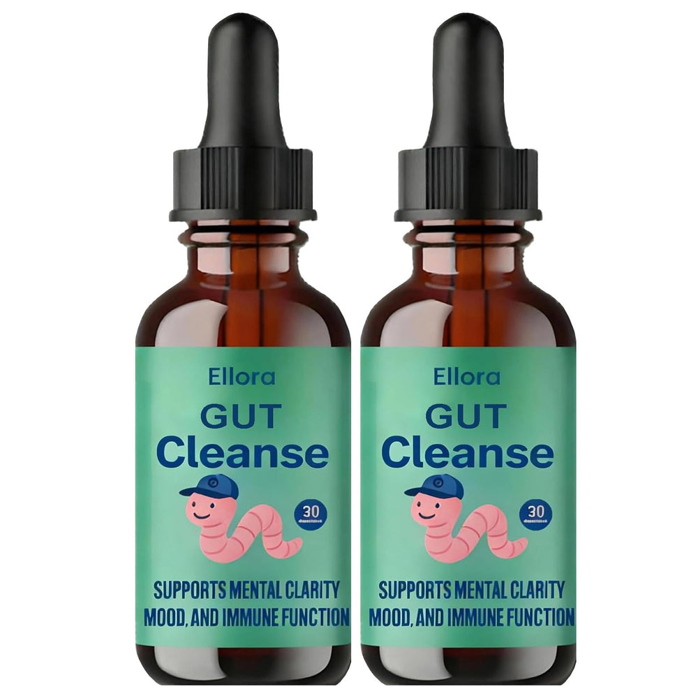 Ellora Gut Cleanse Liquid Drops bottle being poured for easy daily dosing