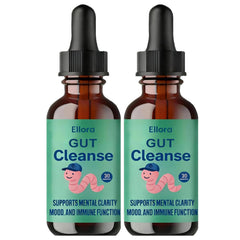 Ellora Gut Cleanse Liquid Drops bottle being poured for easy daily dosing
