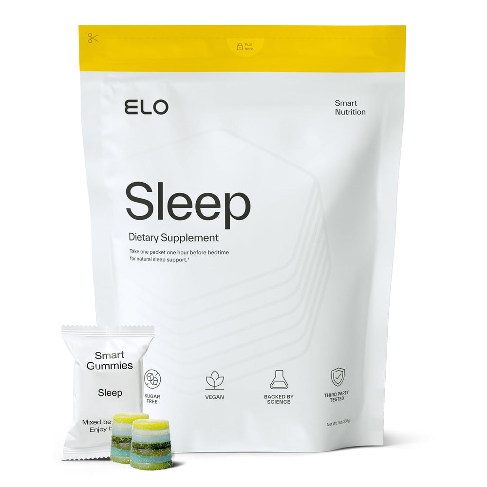 Elo Health Non-Groggy Sleep Gummies bottle shown for restful nights and convenient nightly use.