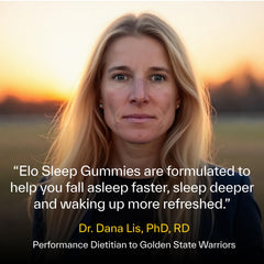 Back label of Elo Health Sleep Gummies showing low-dose melatonin and key ingredients.