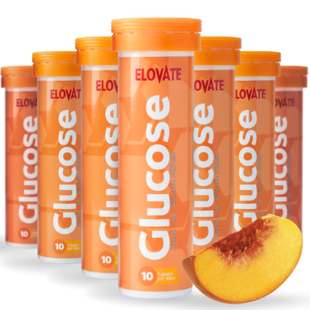 ELOVATE fast acting glucose tablets peach flavor in a tube for quick energy.