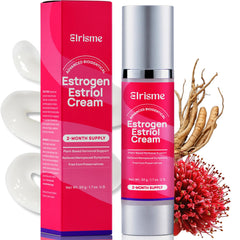 Elrisme Estriol Cream bottle close-up showing smooth texture for menopause support.