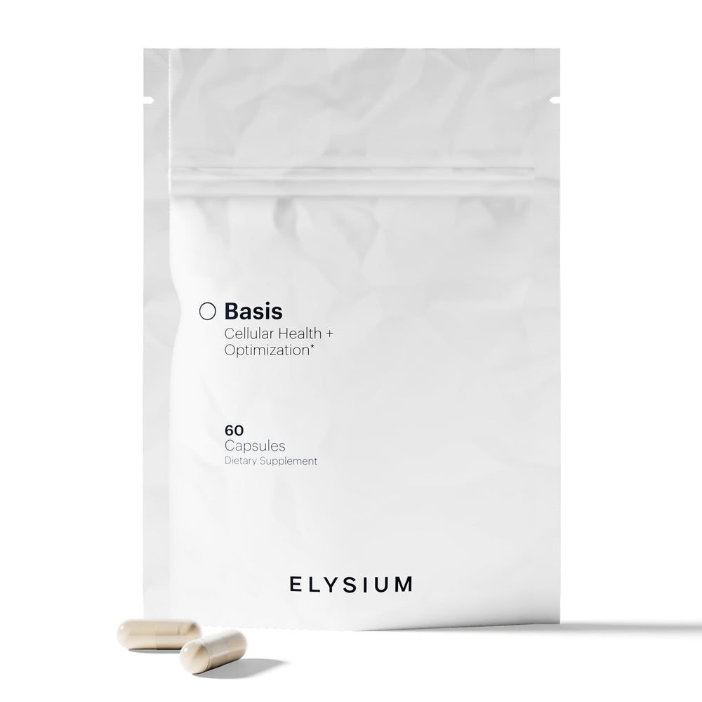 ELY-SIUM Basis NAD Plus bottle on white surface signaling premium NAD+ support