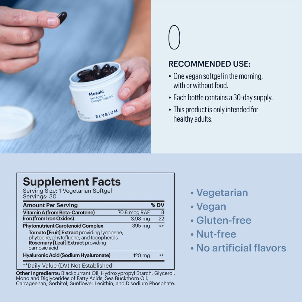 ELYSIUM Mosaic label detail shows carotenoid complex benefits for skin health.