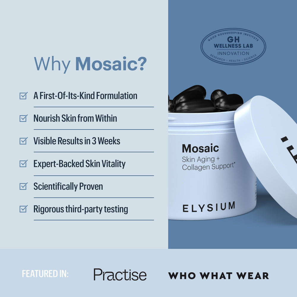 ELYSIUM Mosaic softgels close-up reveal smooth capsules for easy dosing.