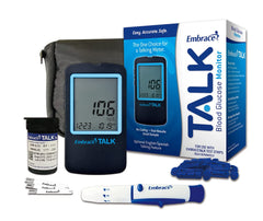 Embrace Talk blood glucose meter in a compact kit for quick readings.