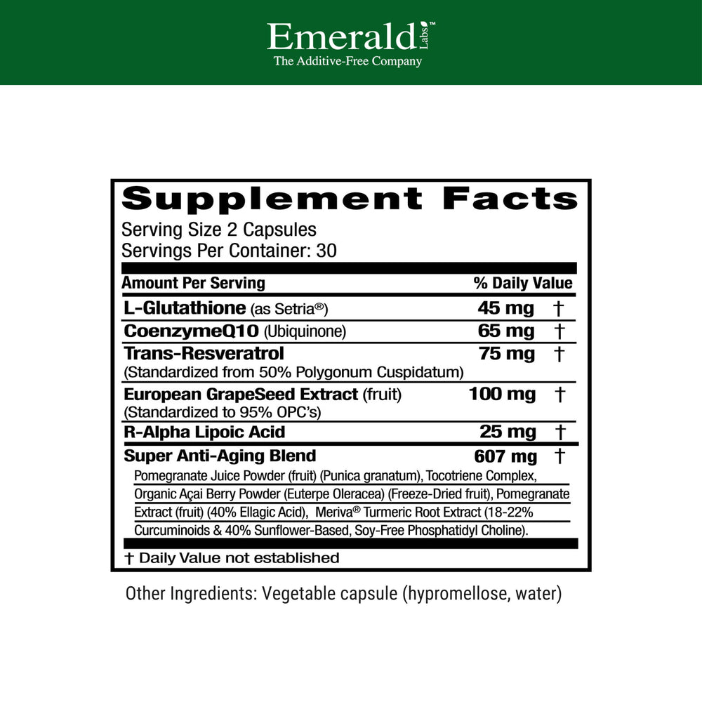 Emerald Labs anti-aging cellular complex capsules closeup showing easy-to-swallow format