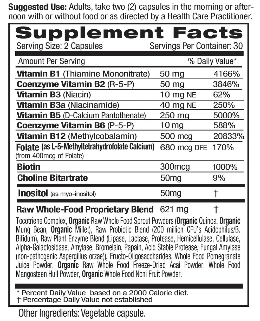 Emerald Labs B-Healthy label closeup shows methylated folic acid and full spectrum B vitamins
