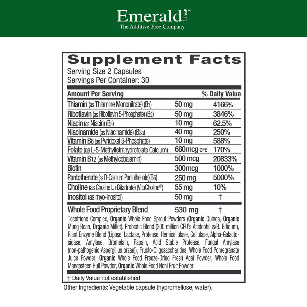 Emerald Labs B-Healthy capsules close-up, showcasing vegan vitamin B complex.