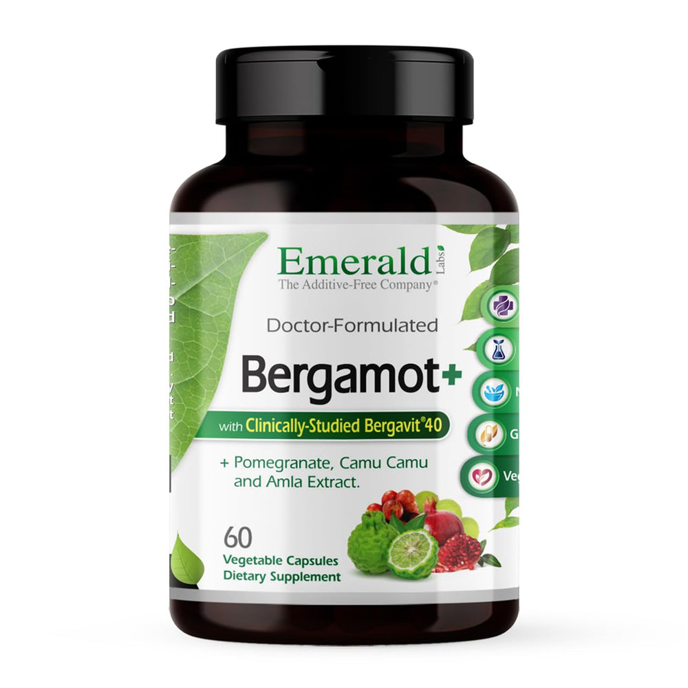 EMERALD LABS Bergamot+ bottle shown for easy daily metabolism and heart health support