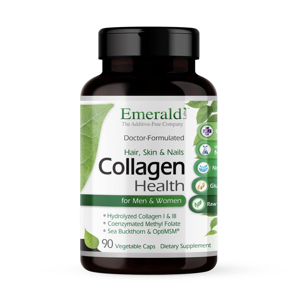 Emerald Labs Collagen Health bottle with label promoting hair, skin, and nails support.