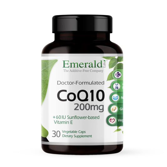 Emerald Labs CoQ10 bottle front view highlighting product details and benefits