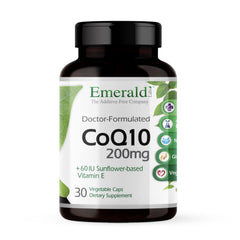 Emerald Labs CoQ10 bottle front view highlighting product details and benefits