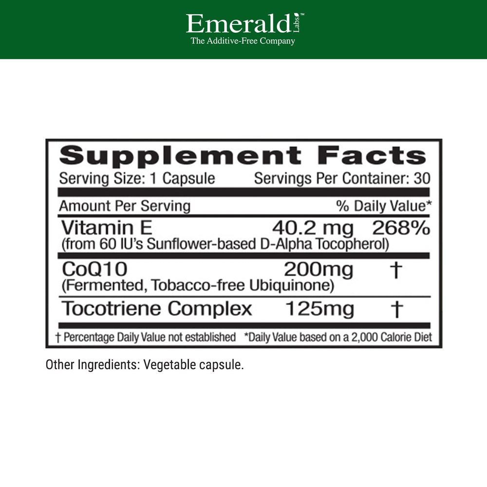 Emerald Labs CoQ10 label close-up showing natural vitamin E source