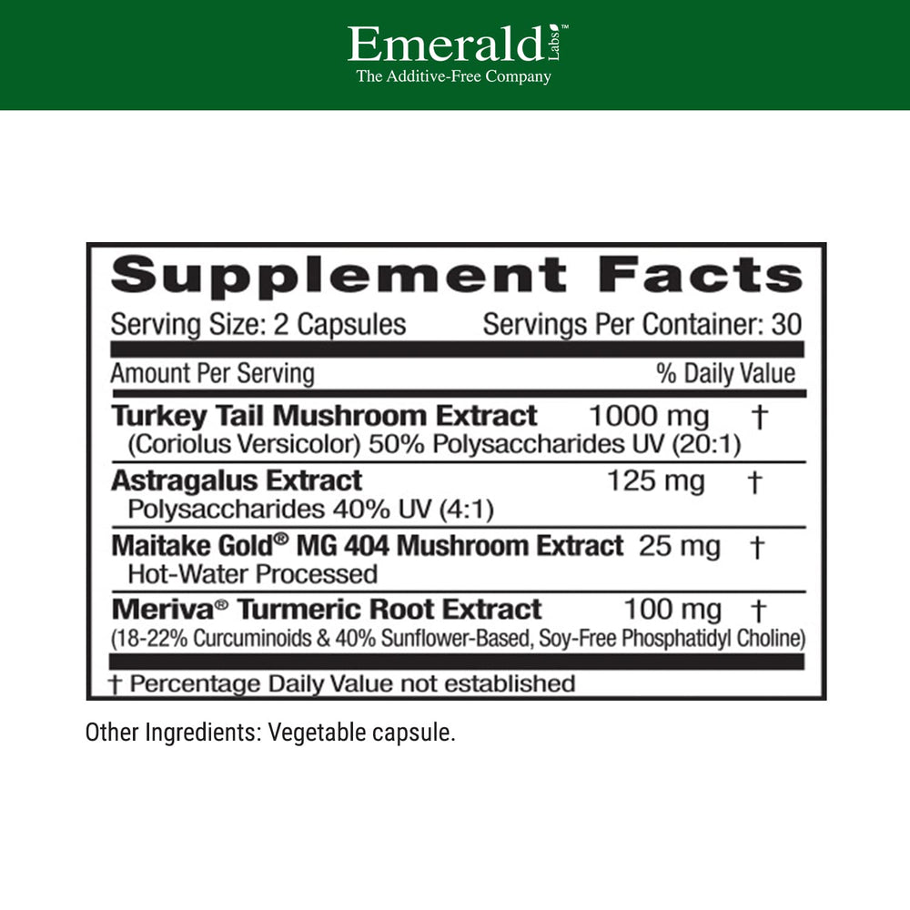 Close-up of EMERALD LABS Deep Immune Health capsules, easy daily supplement