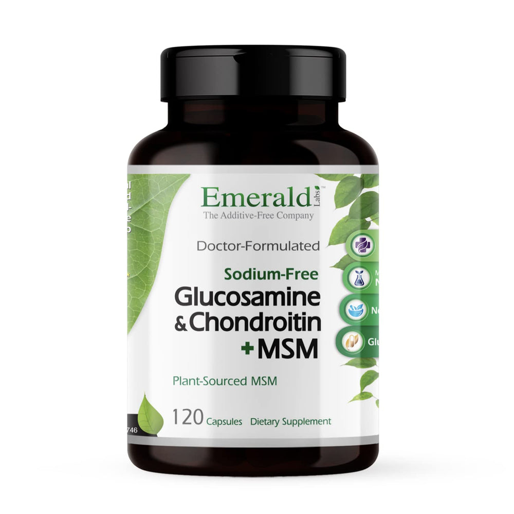 Emerald Labs Glucosamine-Chondroitin-MSM bottle supports potential joint and bone health during daily activities