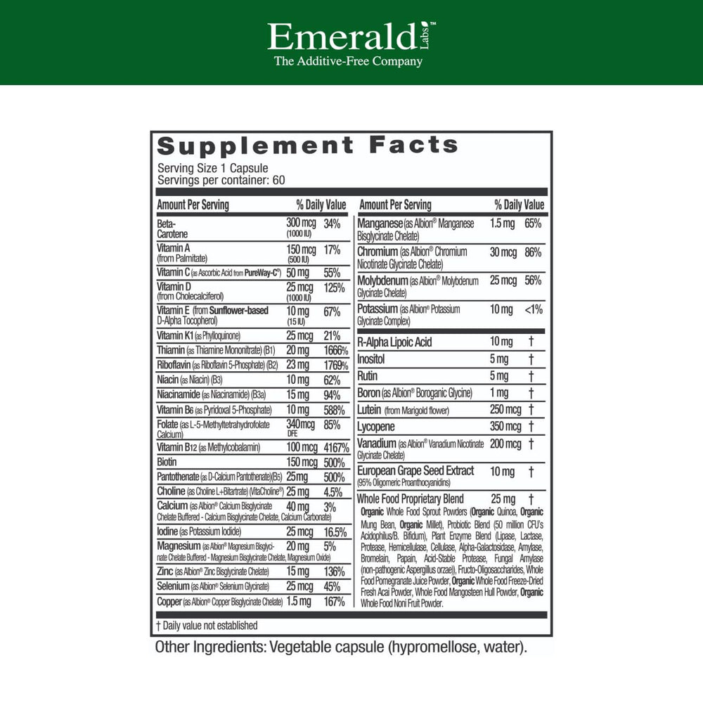 Emerald Labs Men's 1 Daily Multi capsules highlight additive-free daily wellness.