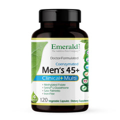 Emerald Labs Men's 45+ bottle on a clean counter supports everyday vitality
