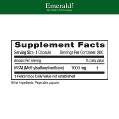 EMERALD LABS MSM bottle and label highlight additive-free quality