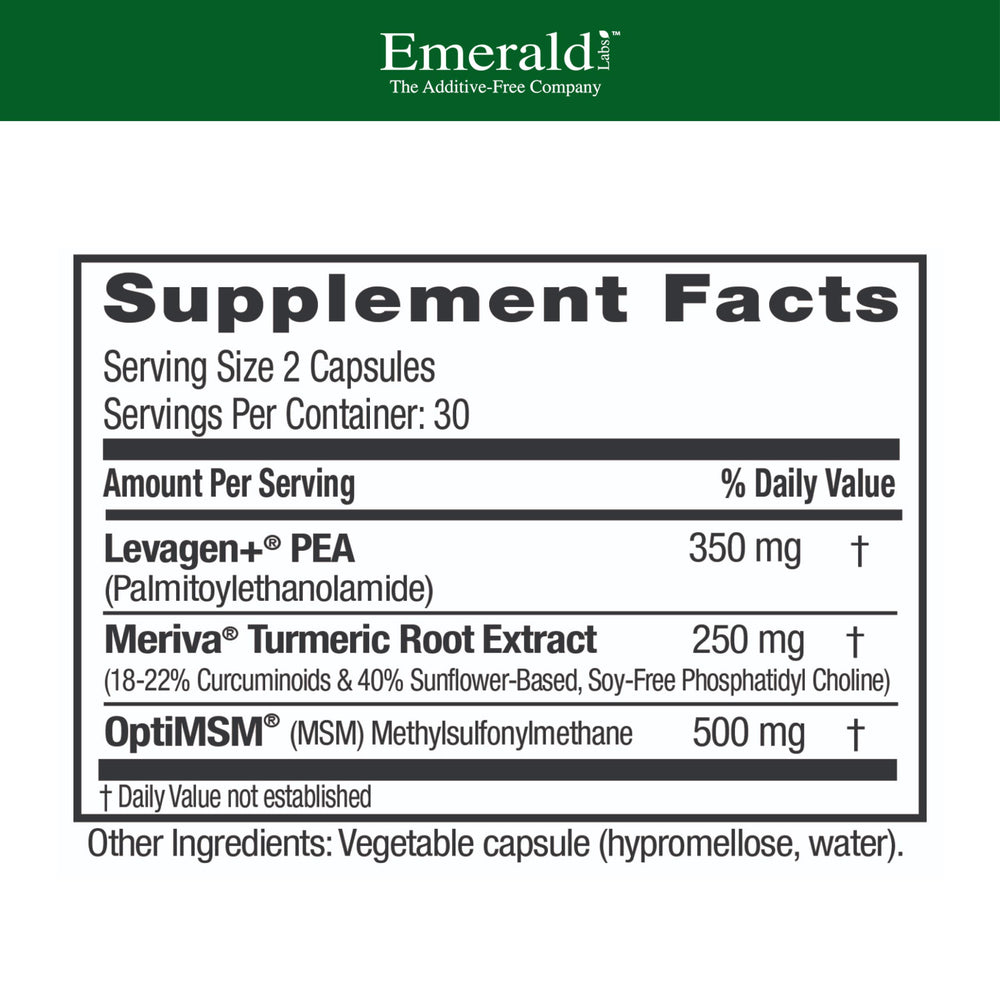 Emerald Labs Pea+ with Levagen+ label highlights Meriva curcumin for mobility.