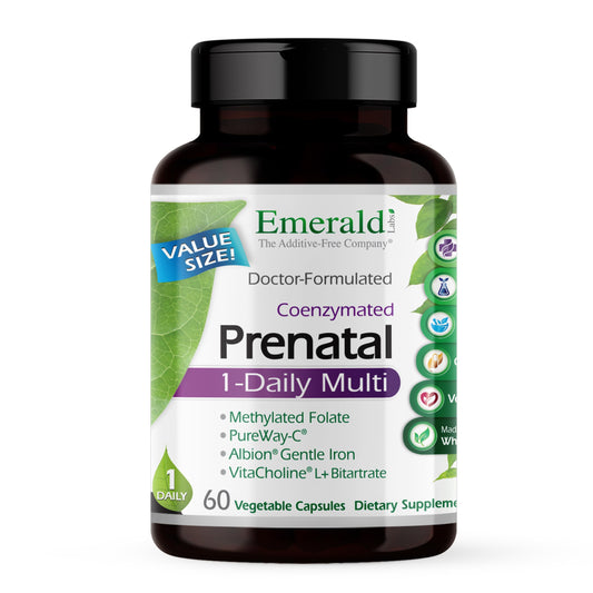 Emerald Labs Prenatal 1-Daily Multi bottle highlights complete prenatal nutrients for mom and baby.
