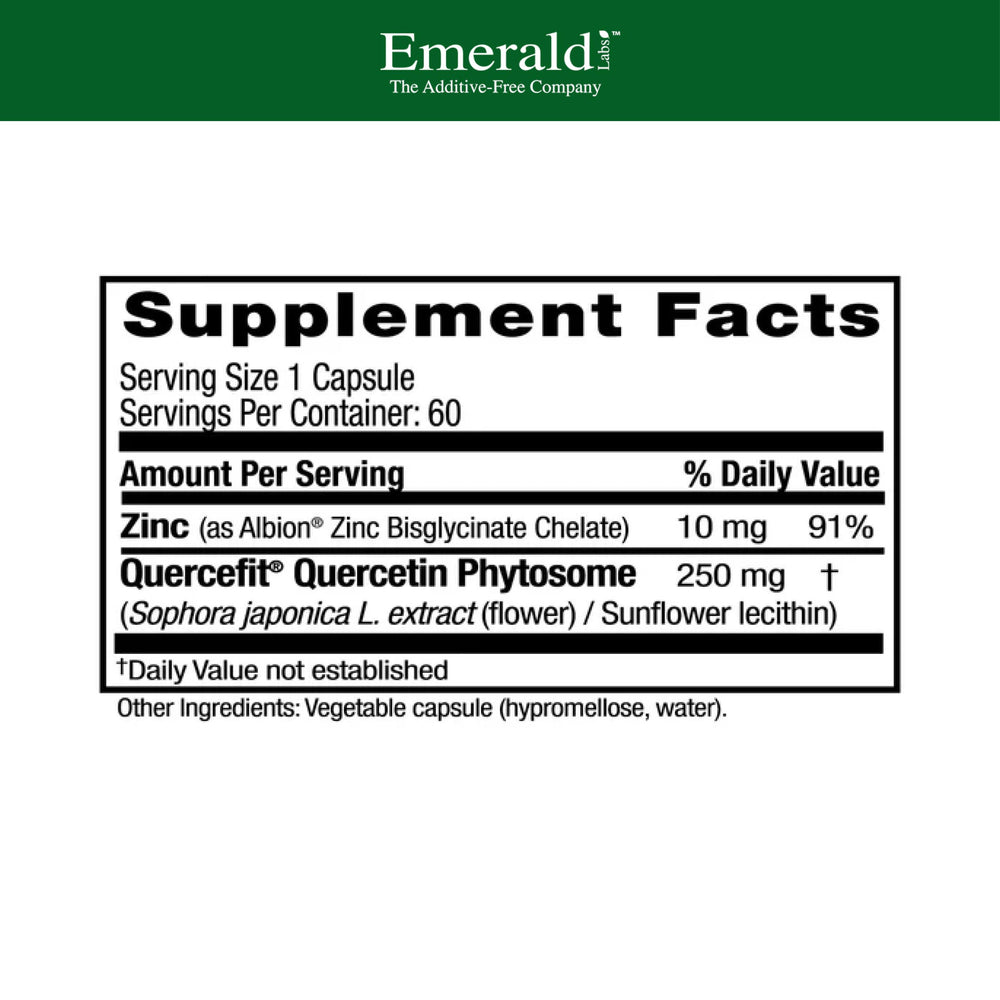 Emerald Labs Quercetin Phytosome Plus bottle back highlighting zinc and ingredients for daily immune health.