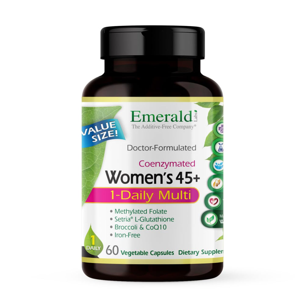 EMERALD LABS Women's 45+ Multi bottle front, gluten-free and vegetarian daily support