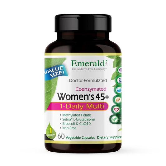 EMERALD LABS Women's 45+ Multi bottle front, gluten-free and vegetarian daily support