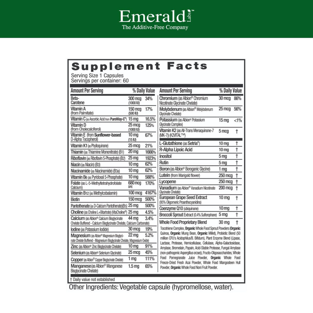 EMERALD LABS Women's 45+ Multi bottle label highlighting D3, K2, calcium