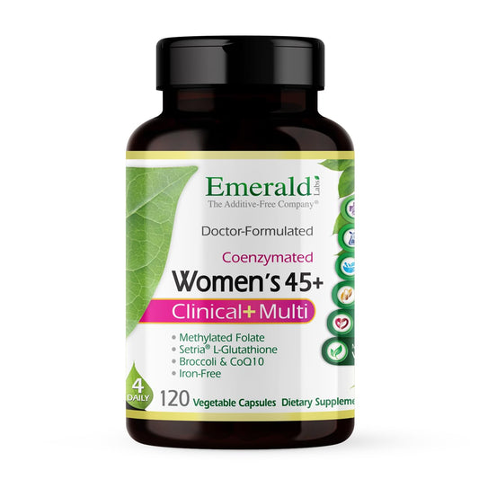 Emerald Labs Women's 45+ Multi bottle; gluten-free, vegetarian formula for bone and heart support.