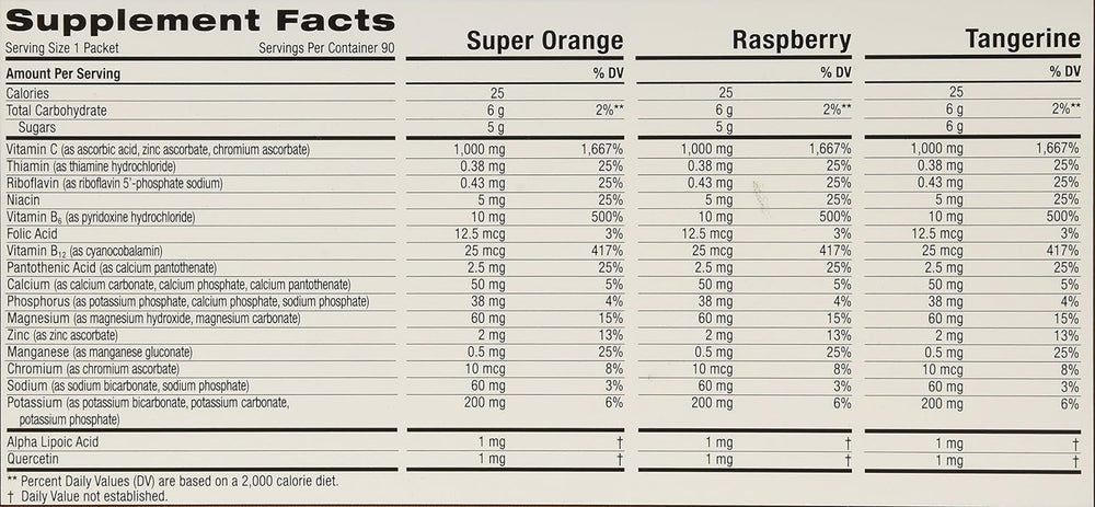 Emergen-C 1000 mg Vitamin C drink mix Raspberry and Tropical packs, convenient for on the go.
