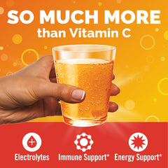 Glass of water with Emergen-C dissolving into a fizzy vitamin boost.