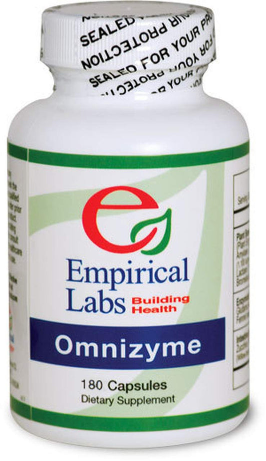 Empirical Labs Omnizyme bottle front view promoting digestive support with plant-based enzymes.