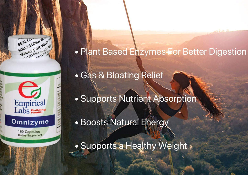 Omnizyme ingredients graphic featuring papain and bromelain for gentle enzyme support.