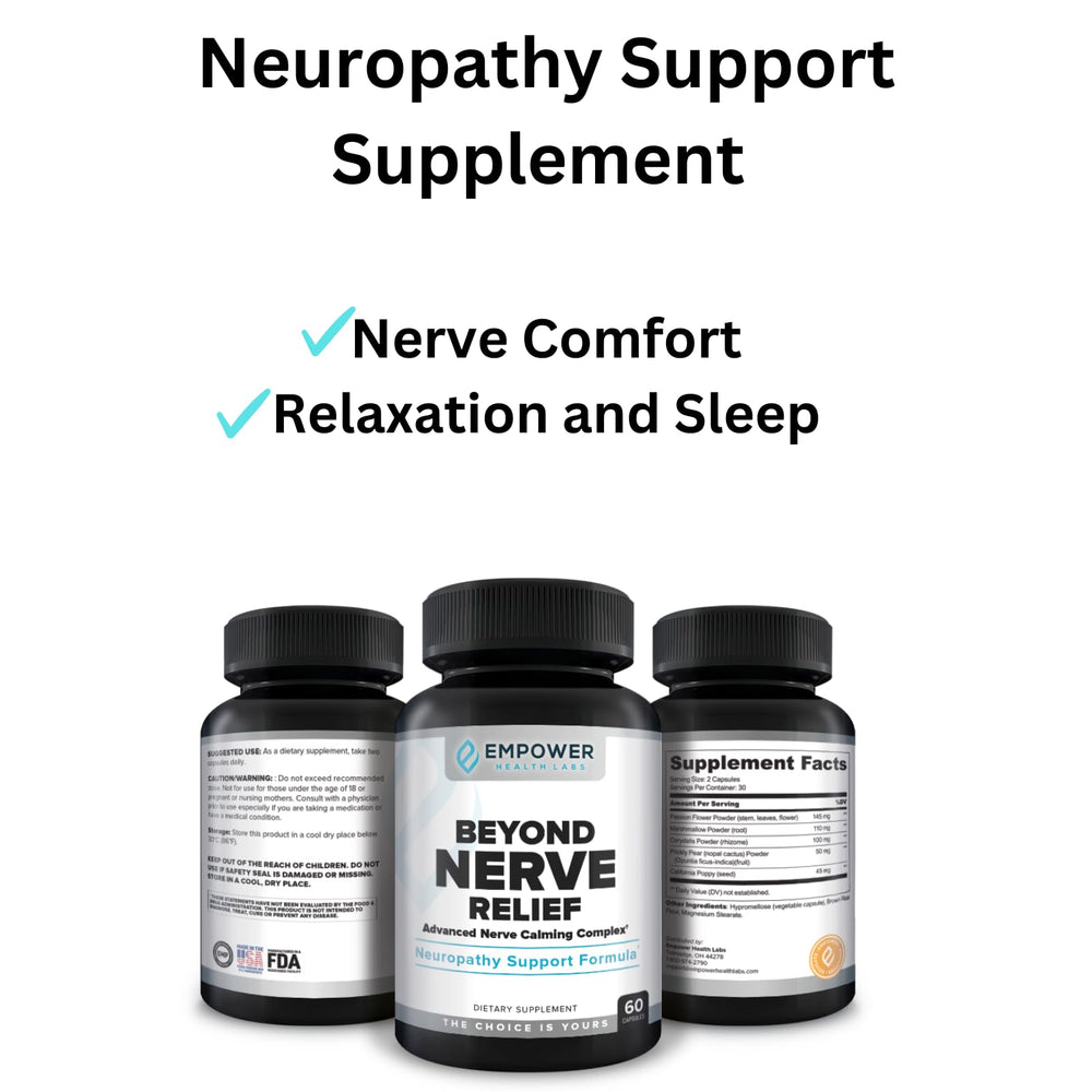 Empower Health Labs Nerve Relief packaging close-up emphasizes premium design and transparency.