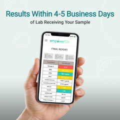 EmpowerDX lab result PDF download appears on screen after processing.