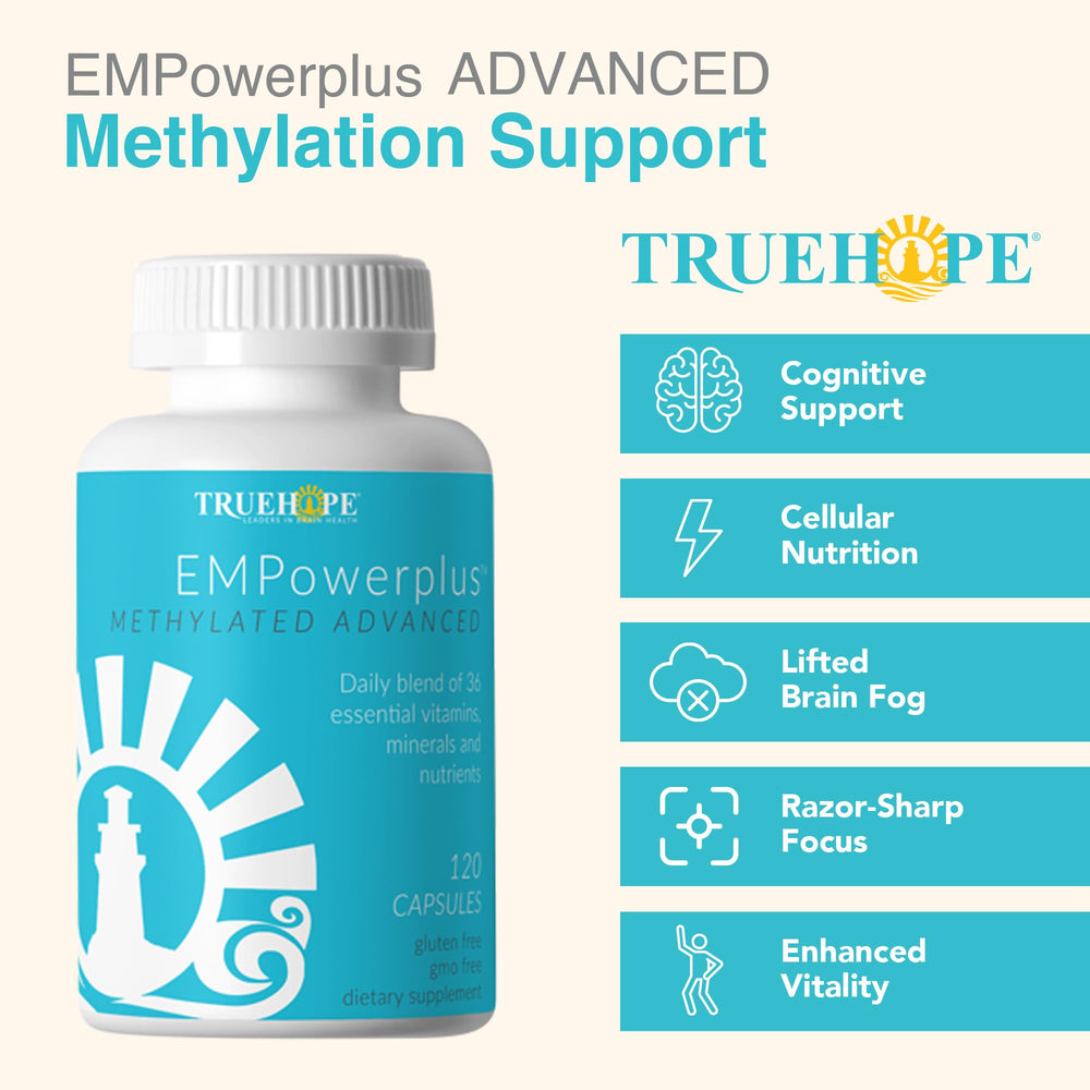 EMPowerPlus Methylated Advanced bottle and glass for daily routine