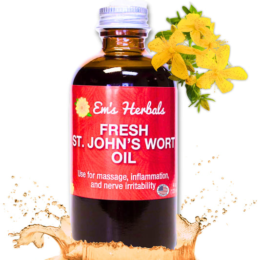 Em's Herbals Fresh St. John's Wort oil bottle for skin and nerves support.