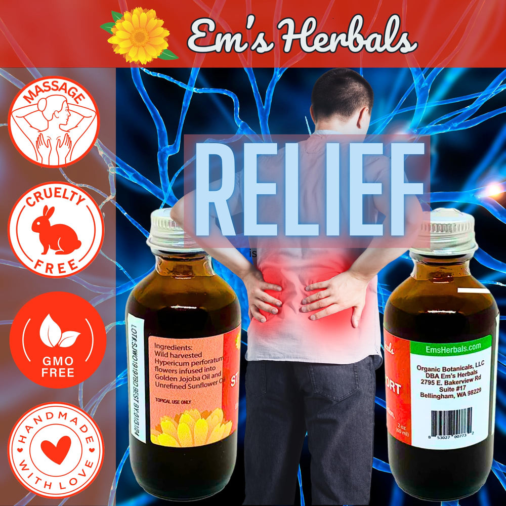 Em's Herbals St John's Wort Oil bottle for soothing massage.